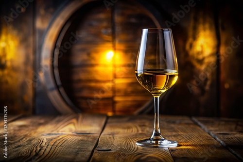 Golden Jerez Sherry Wine in a Traditional Glass, Close-up Product Shot on Dark Wood photo