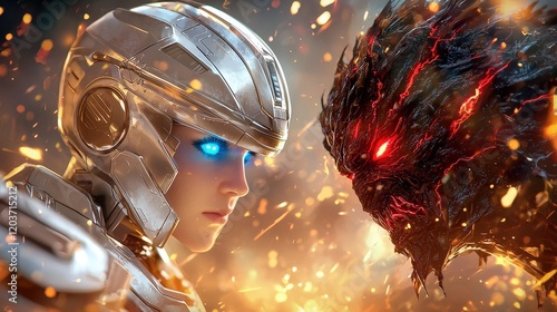 In a digital illustration, two futuristic AI robots stand face to face in a battle of good versus bad artificial intelligence