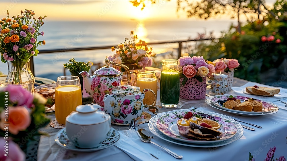 Naklejka premium romantic sunset breakfast ocean view - sunrise/sunset scenes: the g.
