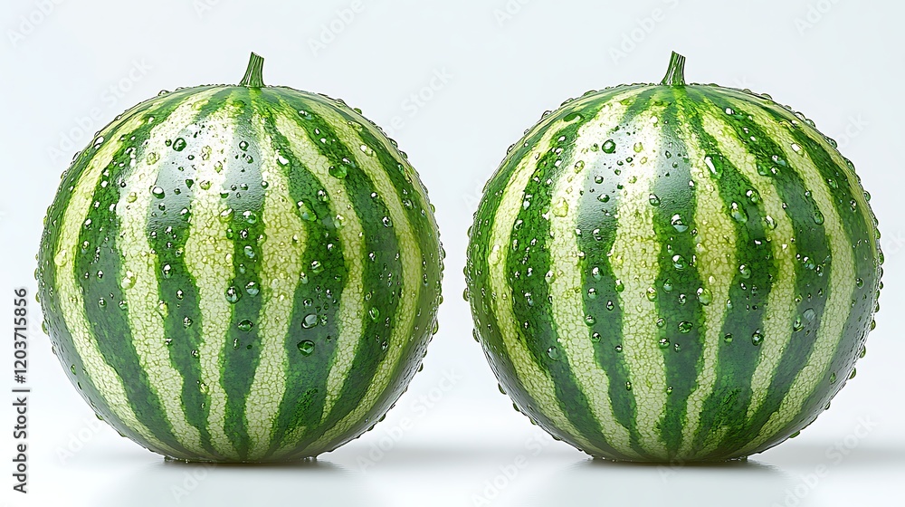 Two Green Striped Melons: A close-up shot showcasing two pristine, vibrantly green striped melons with water droplets adorning their surface. Two Green Striped Melons: A close-up shot showcasing two pristine, vibrantly green striped melons with water droplets adorning their surface.