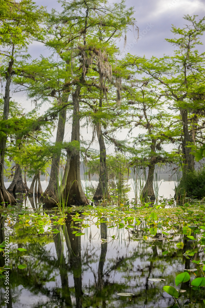 Bald Cypress (Taxodium distichum) in water with reflection, Lake Norris, Florida, United States.