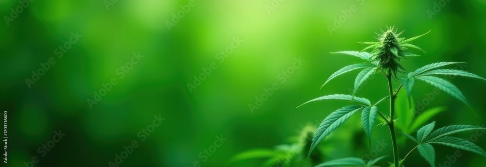 Cannabis plant growing in a plantation with blurred green background Cannabis plant growing in a plantation with blurred green background