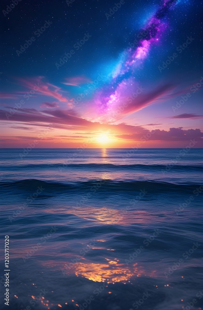 Fototapeta premium Sunset Over the Ocean with Starry Night and Galaxy Sky Phone Wallpaper 