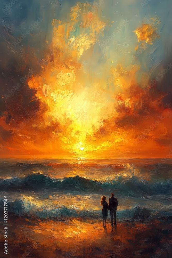 Obraz premium Romantic couple standing in the ocean at sunset