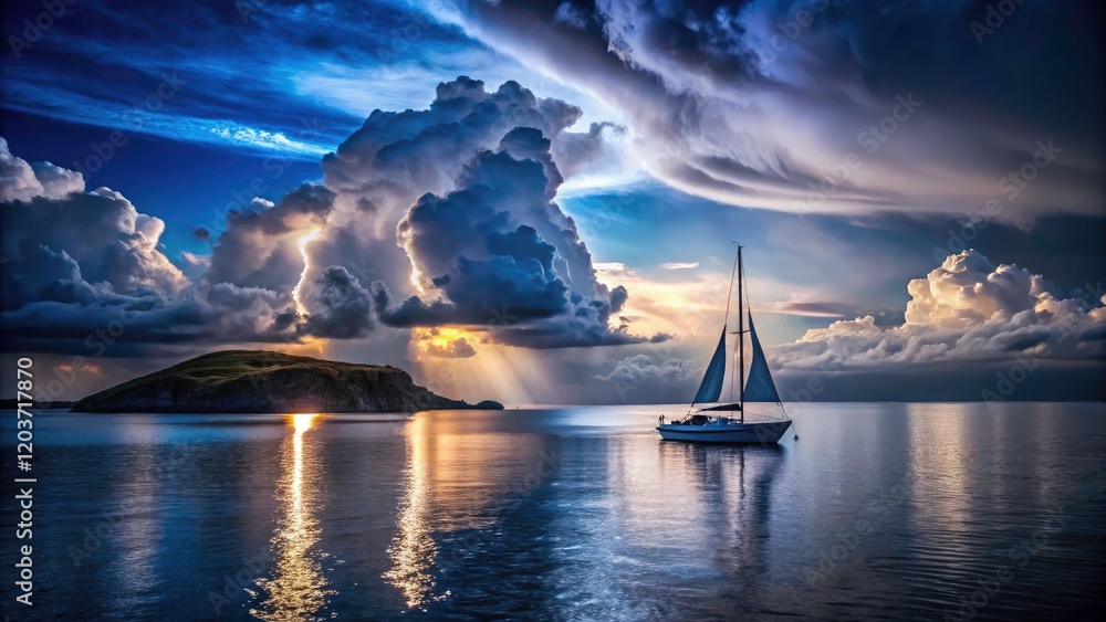 Sailboat in Night Ocean with Thunderstorm on Horizon â€“ Long Exposure Photography, Dramatic Seascape, Nature's Fury, Serene Island Backdrop, Stormy Weather, Nighttime Adventure