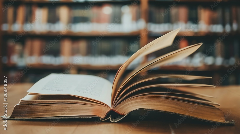 Fototapeta premium The Allure of Library: Open Textbook on Reading Desk Igniting Knowledge Quest