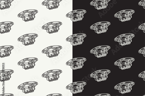waist bag with rope, bottle, lighter doodle seamless pattern on black white background set. hatching waist bag background. waist bag engraving wallpaper. pattern background with waist bag for outdoor
