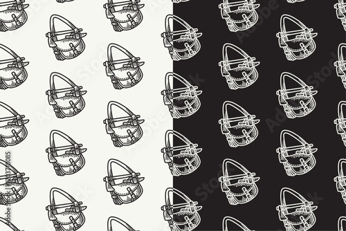 sling bag with axes, knives doodle seamless pattern on black white background set. hatching outdoor sling bag background. sling bag engraving wallpaper. pattern background with sling bag for adventure