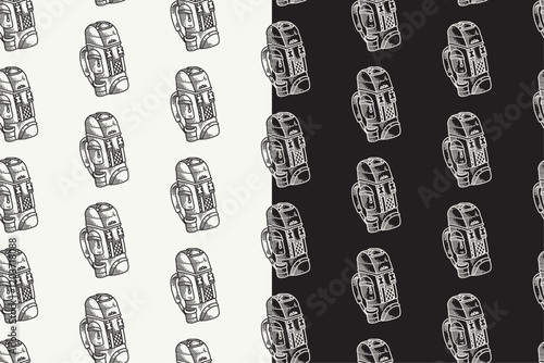 carrier backpack doodle seamless pattern on black white background set. hatching carrier bag background. outdoor carrier engraving pattern wallpaper. pattern background with carrier bag for adventure