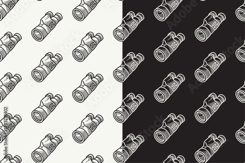 monocular binocular doodle seamless pattern on black white background set. monocular telescope background. binocular engraving wallpaper. binoculars optical vision pattern background for adventure