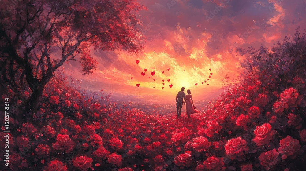 Romantic couple walking through a heart-filled path