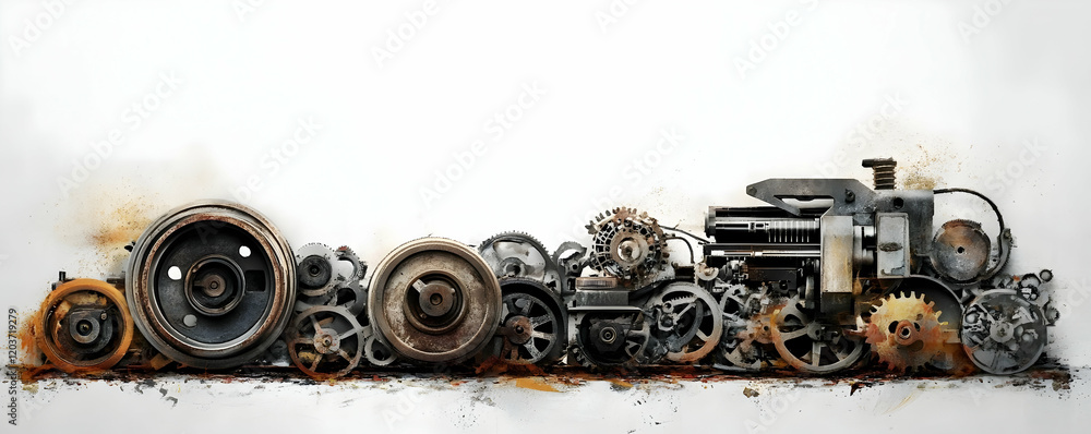 Rusty gears, engine parts, white background, industrial design Rusty gears, engine parts, white background, industrial design