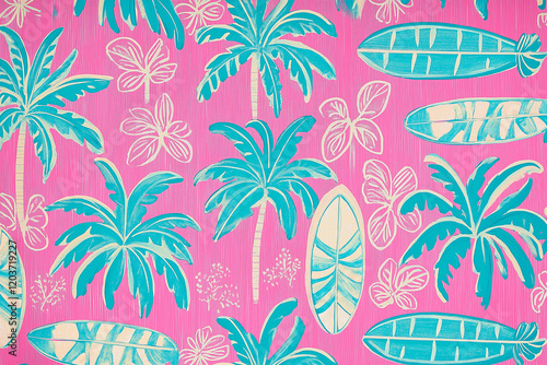 Award winning pattern design of fun tropical elements for kids design, featuring stylized palm trees, colorful surfboards, palm leaves, whimsical and cheerful pattern.