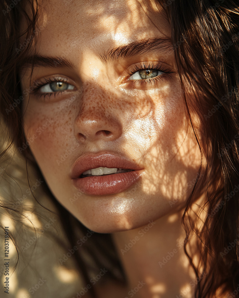 Woman with glowing skin and freckles illuminated by natural light through tree shadows in a warm setting Woman with glowing skin and freckles illuminated by natural light through tree shadows in a warm setting