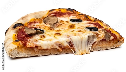 Delicious pizza slice with melted cheese, mushrooms, and olives isolated on white background. photo