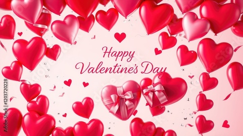 A romantic Valentine's Day card background with pink and red hearts in a loving pattern for a happy holiday celebration