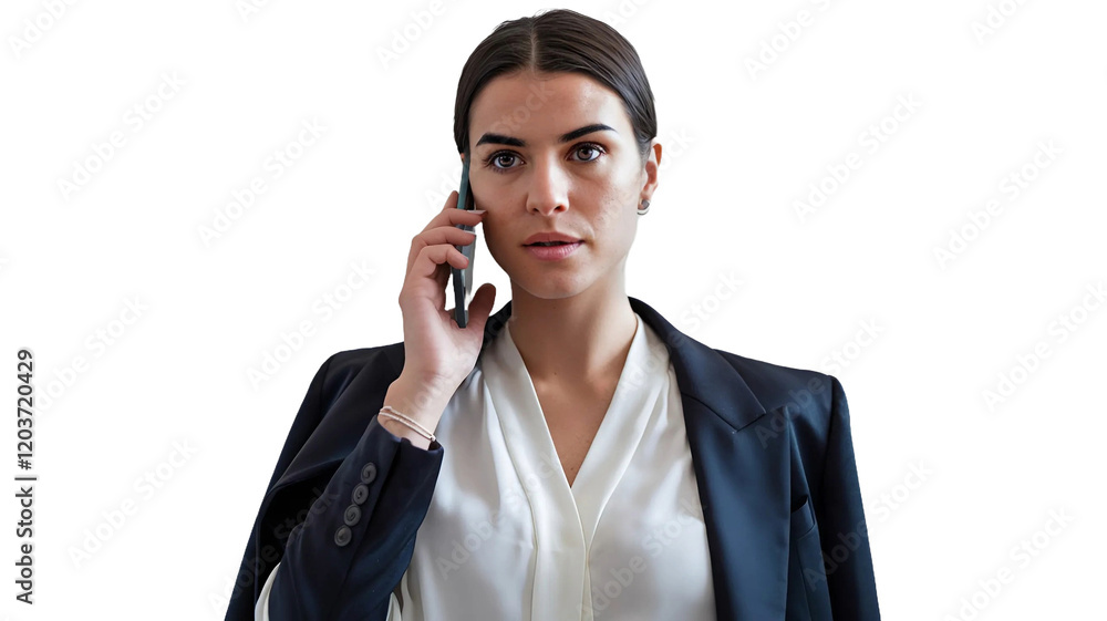 Businesswoman on Phone, Serious Expression, Professional Image isolated on transparent background Businesswoman on Phone, Serious Expression, Professional Image isolated on transparent background
