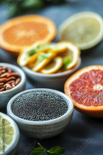 Food rich in vitamins and microelements with fruits, berries, and seeds photo