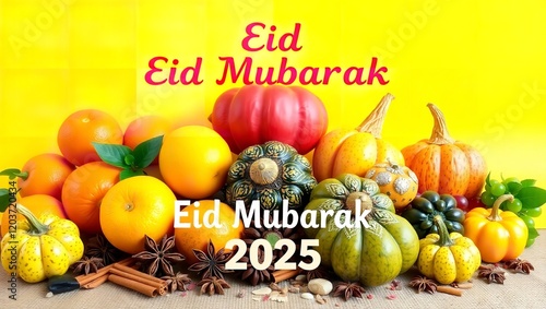 A vibrant and festive Eid Mubarak 2025 greeting scene

 photo