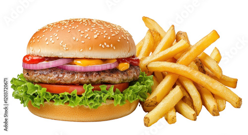 Delicious burger with fries on a white background. photo