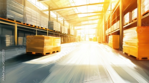 Brightly lit warehouse interior with stacked pallets and sunlight streaming through windows