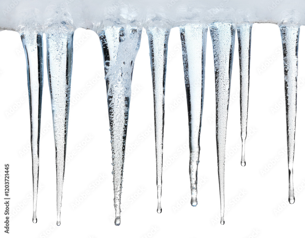 Hanging transparent icicles, white background Hanging transparent icicles, white background