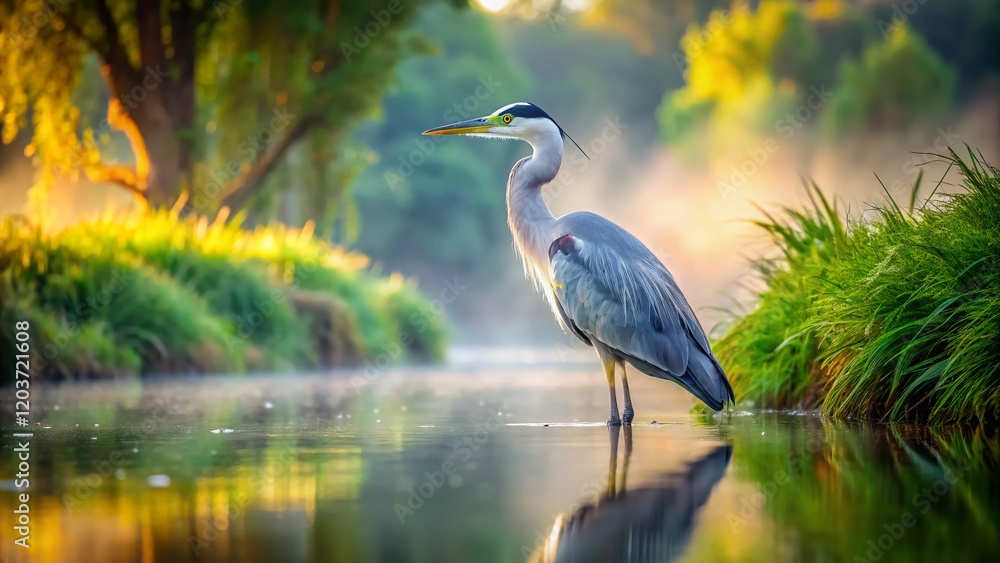 Fototapeta premium Grey Heron by Riverbank - Majestic Bird in Natural Habitat