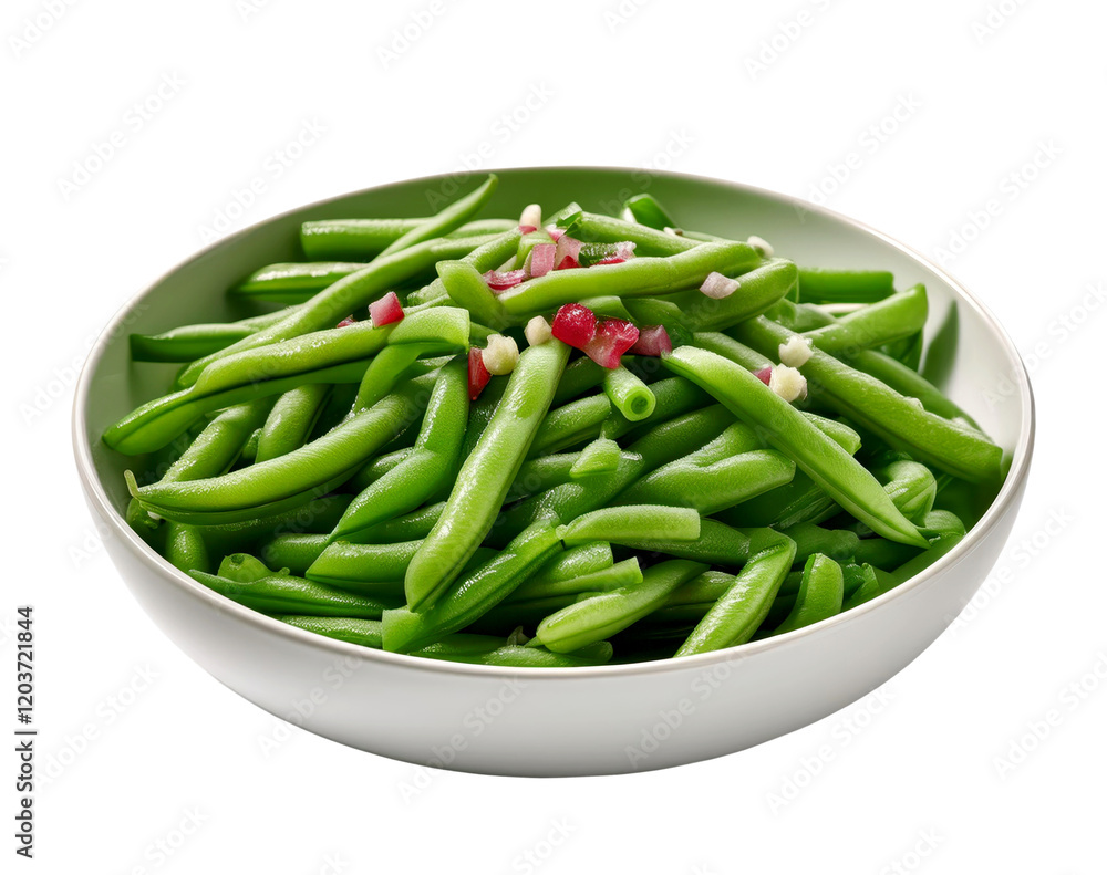Cooked green beans in a bowl with onions, white background Cooked green beans in a bowl with onions, white background