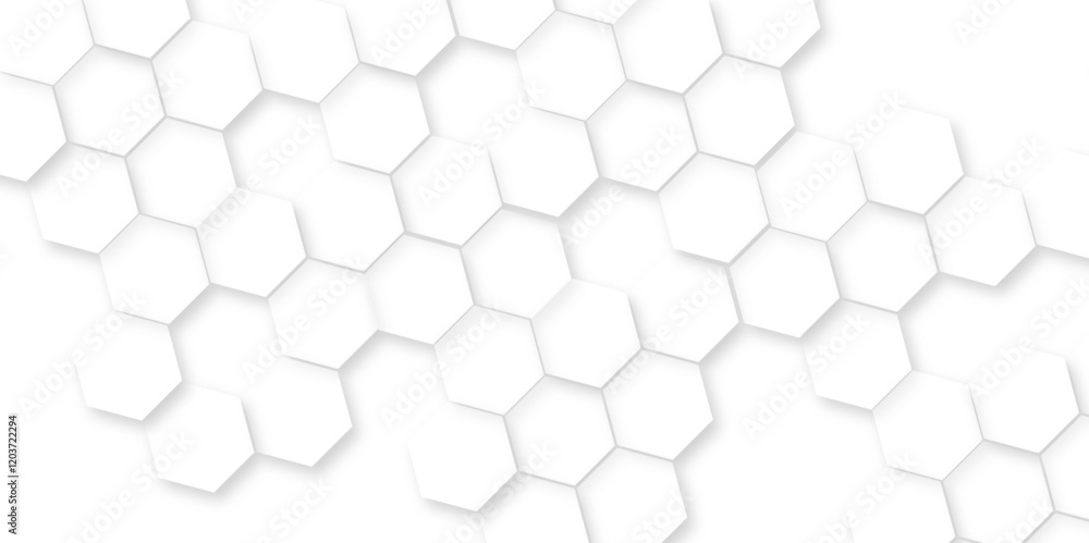 Naklejka premium Minimal white hexagonal hexagon modern technology,Abstract white and grey color hexagonal geometric background with copy space,Surface polygon pattern with glowing hexagon paper texture and futuristic