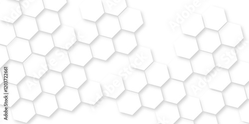 Minimal white hexagonal hexagon modern technology,Abstract white and grey color hexagonal geometric background with copy space,Surface polygon pattern with glowing hexagon paper texture and futuristic