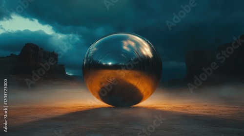 Mysterious Metallic Orb in Desert Landscape Under Dramatic Cloudy Sky.