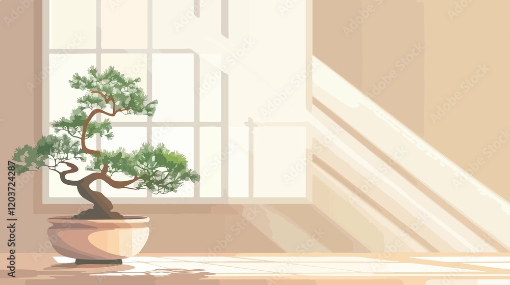 Fototapeta premium Elegant Japanese Bonsai Plant on Table by Window, Space for Text