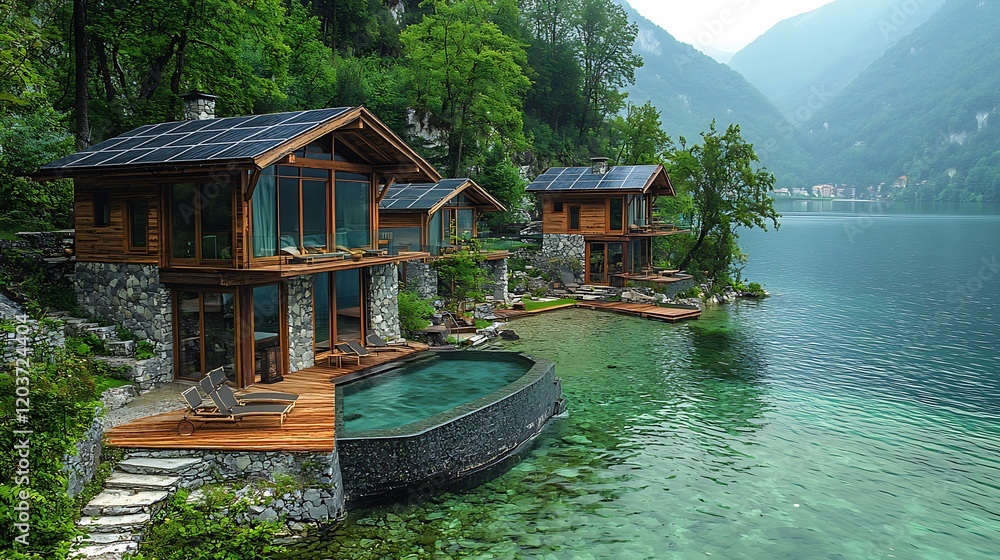 Obraz premium Lakeside eco-friendly cabins with infinity pool, solar panels, and mountain views.