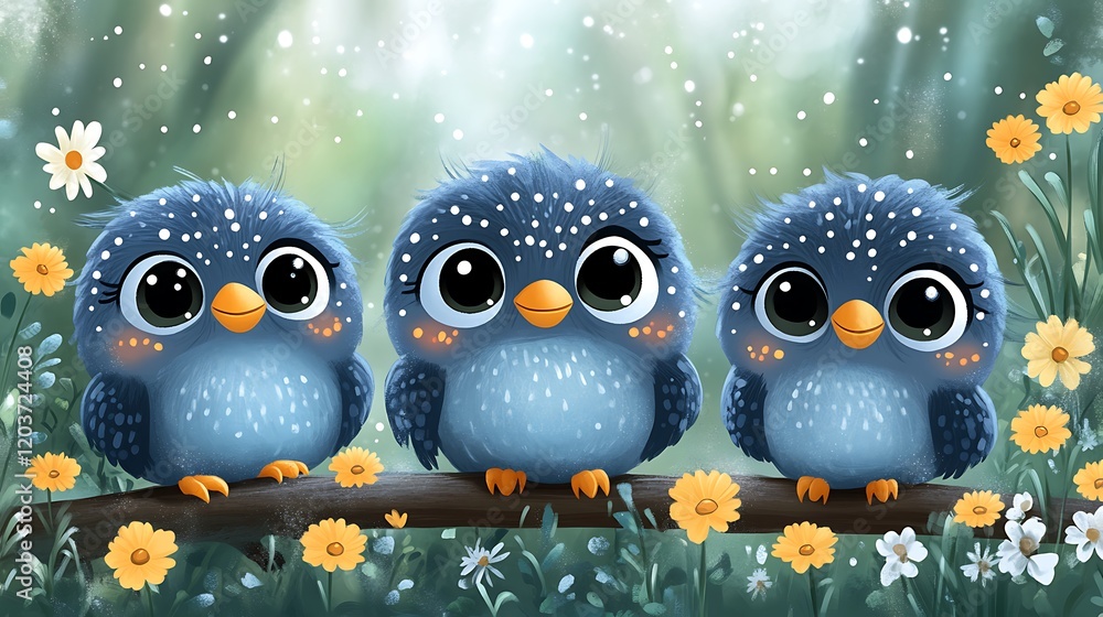 Obraz premium Three Little Bluebirds: A trio of adorable bluebirds with big, bright eyes and a sprinkle of white dots on their feathers perch together on a branch surrounded by blooming yellow flowers.