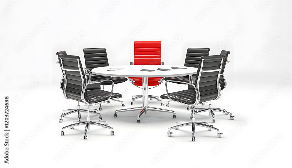 Obraz premium Modern Conference Room with Red Leadership Chair and Black Executive Chairs