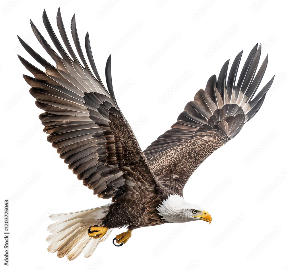 Fototapeta premium Bald eagle soaring through the sky.