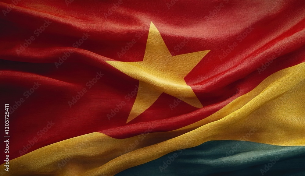 A realistic photograph of the Vietnamese flag with a red background and a yellow star, symbolizing unity in diversity. The flag is waving gently, showcasing its vibrant colors and intricate design A realistic photograph of the Vietnamese flag with a red background and a yellow star, symbolizing unity in diversity. The flag is waving gently, showcasing its vibrant colors and intricate design