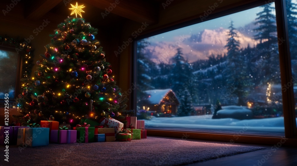 Obraz premium A cozy Christmas scene featuring a decorated tree and a snowy landscape outside the window