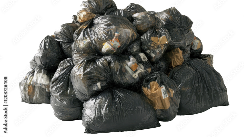 Transparent Garbage Bags Filled with Waste, Isolated on White Background for Environmental Projects Transparent Garbage Bags Filled with Waste, Isolated on White Background for Environmental Projects