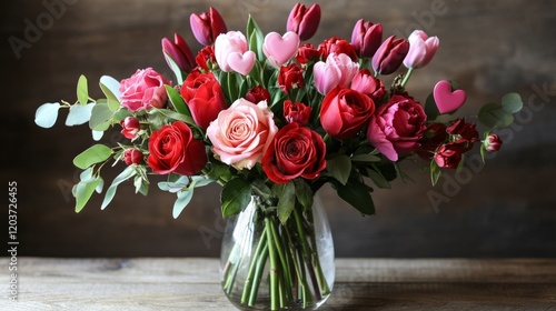 Wallpaper Mural A Valentine's Day bouquet of mixed flowers, featuring red and pink roses, tulips, and heart-shaped leaves in a clear vase Torontodigital.ca