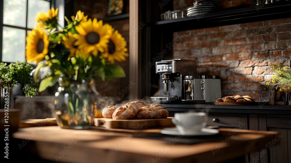 Rustic Kitchen Scene with Sunflowers, Fresh Bread and Coffee Maker on Countertop Rustic Kitchen Scene with Sunflowers, Fresh Bread and Coffee Maker on Countertop