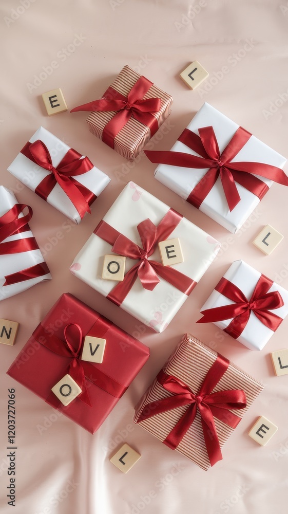 Row of red and white presents with the letters O, V, and L on them Row of red and white presents with the letters O, V, and L on them