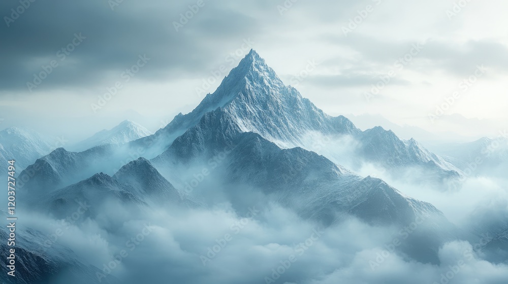 A lone mountain peak rising above the clouds. A lone mountain peak rising above the clouds.
