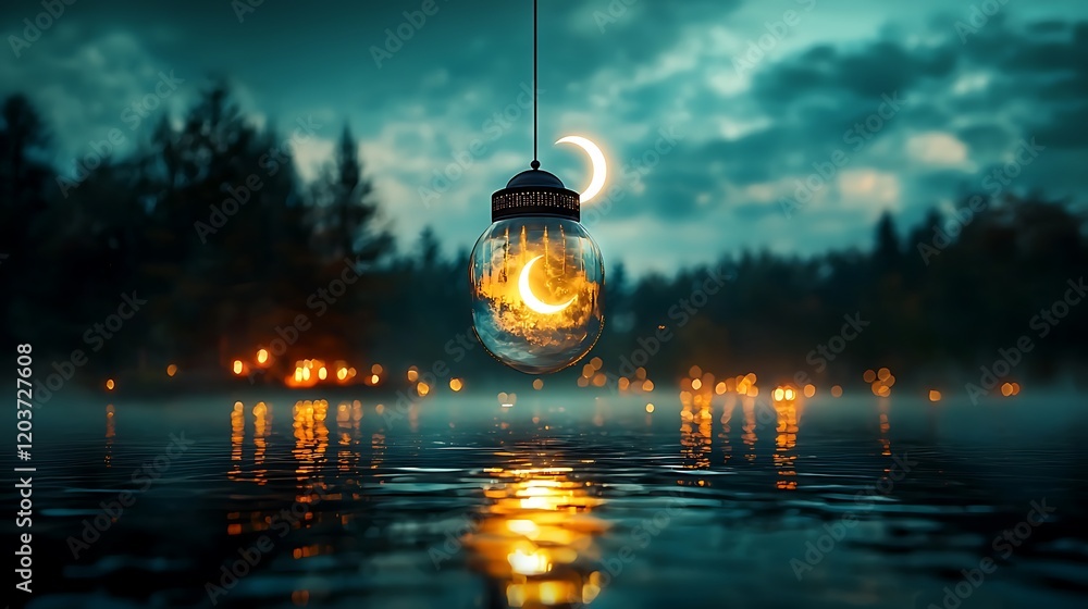 Crescent moon lantern reflects on mystical lake at night Crescent moon lantern reflects on mystical lake at night
