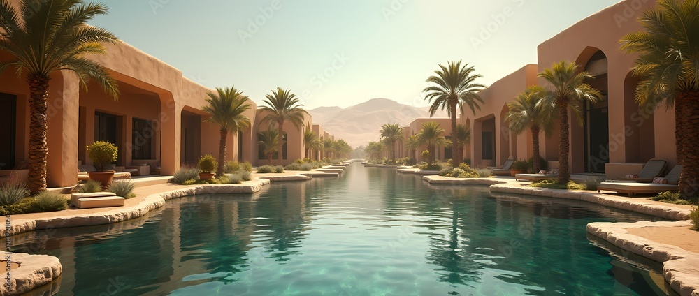A desert oasis around a secluded pond surrounded by palm trees A desert oasis around a secluded pond surrounded by palm trees