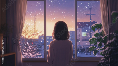 Girl gazing at snowy winter sunset through window in urban setting, cozy room, anime style, lofi, manga, chill