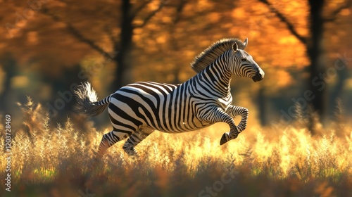 Stripes in Motion: A Zebra's Graceful Leap Through Golden Savannah photo