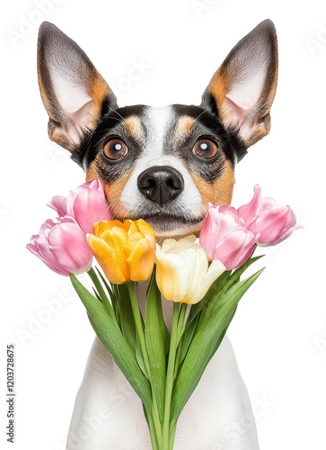 Dog with flowers, playful and joyful expression.