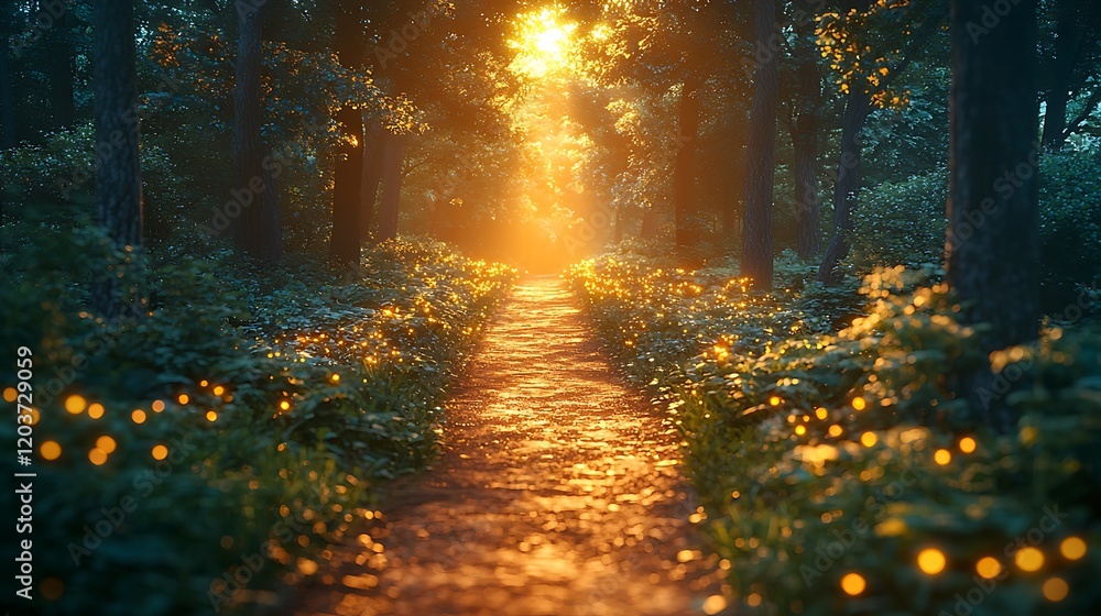Obraz premium Sunlit path through mystical forest with glowing fireflies.
