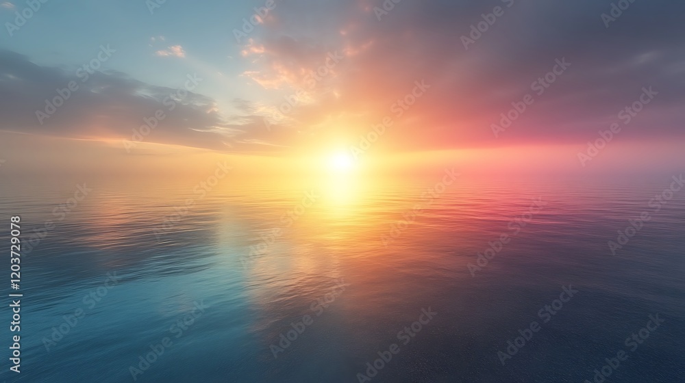 Fototapeta premium Serene Sunset Seascape: A breathtaking sunset over a calm ocean, with vibrant hues of orange, pink, and purple painting the sky and reflecting on the tranquil water.